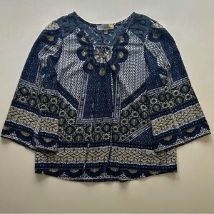 Figuerca Blue Geometric Lace Back V-Neck Tie Blouse 3/4 Sleeve Size M